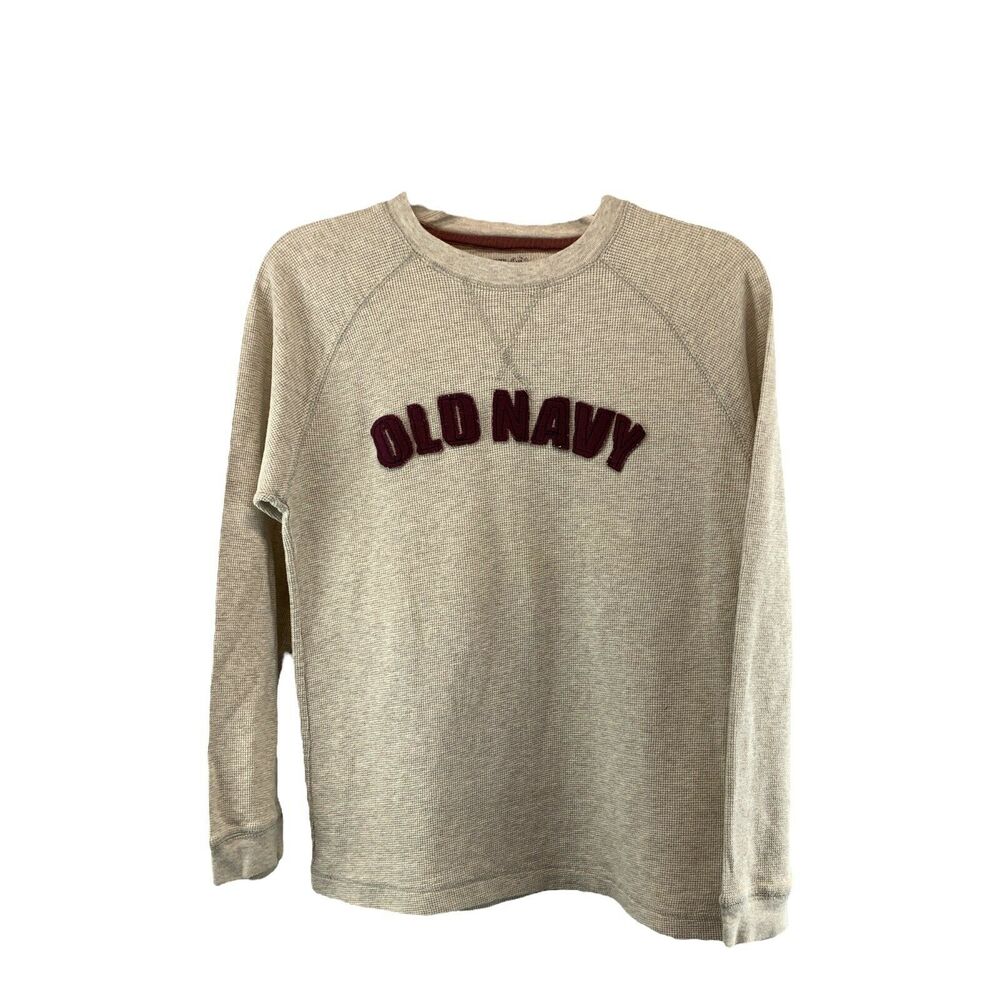 Old Navy Spellout Boys Youth Thermal Long Sleeve Shirt Sz XL Beige Waffle Knit